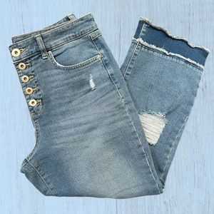 INC Denim Cropped Size 10 Petite Distressed Fun Tiered Hem Button Fly Like New